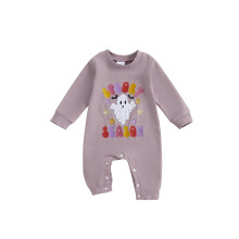 (0-3 Months, Purple) Combinaison d'Halloween pour bébé fille, manches longues, col rond, broderie fantôme.