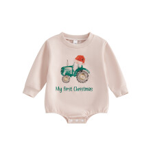 (3-6 Months, Beige) Combinaison de Noël pour filles et garçons, manches longues, col rond, imprimé tracteur et bonnet de Père Noël.