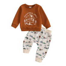 (2-3 Years, Brown) Herbstoutfit für Kleinkinder: 2-teiliges Set mit Sweatshirt und Hose im Auto- und Baum-Muster.