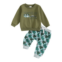 (6-12 Months, Green) Herbstoutfit für Kleinkinder: 2-teiliges Set mit Sweatshirt und Hose im Auto- und Baum-Muster.