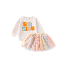 (5 Years, Colorful Big Sister) Ensemble jupe pour fille, sweat-shirt à manches longues brodé de lettres et jupe en tulle à fleurs, 2 pièces