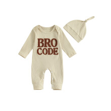 (0-3 Months, Beige) Combinaison d'automne pour bébé garçon, manches longues, col rond, imprimé lettres, côtelée, avec chapeau