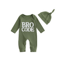 (3-6 Months, Green) Combinaison d'automne pour bébé garçon, manches longues, col rond, imprimé lettres, côtelée, avec chapeau