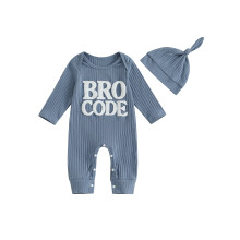 (0-3 Months, Blue) Combinaison d'automne pour bébé garçon, manches longues, col rond, imprimé lettres, côtelée, avec chapeau