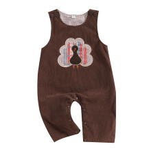 (6-12 Months, Brown) Combinaison bébé Thanksgiving avec broderie dinde, carreaux, sans manches, col rond, adorable