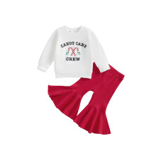 (2-3 Years, White) Ensemble Noël 2 pièces fille : sweat-shirt imprimé lettres et pantalon évasé uni.