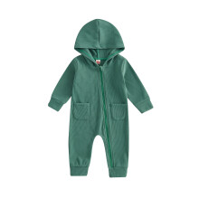 (6-12 Months, Green) Combinaison d'automne pour bébés, manches longues, capuche, couleur unie, fermeture éclair.