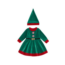 (4-5 Years, Green) Weihnachtsoutfit für Mädchen, langärmeliges Patchwork-Kleid in A-Linie mit Hut für die Party