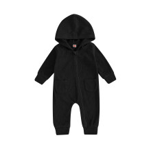 (0-3 Months, Black) Combinaison d'automne pour bébés, manches longues, capuche, couleur unie, fermeture éclair.