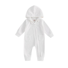 (0-3 Months, White) Combinaison d'automne pour bébés, manches longues, capuche, couleur unie, fermeture éclair.