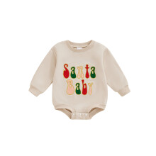 (6-12 Months, Beige) Combinaison de Noël pour bébé, brodée de lettres, col rond, manches longues, barboteuse