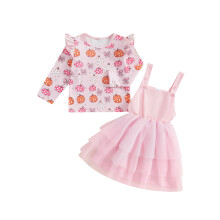 (4-5 Years, Pink) Ensembles 2 pièces pour filles : hauts à manches volantes imprimés fantôme/citrouille et robes à bretelles