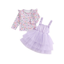 (12-18 Months, Purple) Ensembles 2 pièces pour filles : hauts à manches volantes imprimés fantôme/citrouille et robes à bretelles