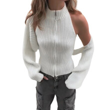 (L, White) Women Knit Vest, Sleeveless Halter Top Backless Zipper Closure Summer Clubwear for Party