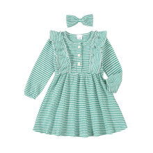 (2-3 Years, Green) Herbst-Outfit für Babys: gestreiftes Rüschenkleid mit langen Ärmeln & Haarspange, 2-teiliges Set