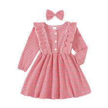 (18-24 Months, Red) Herbst-Outfit für Babys: gestreiftes Rüschenkleid mit langen Ärmeln & Haarspange, 2-teiliges Set