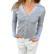 (M, Gray) Women Tops, Long Sleeve V-neck Button Closure Patchwork Slim Fit Shirt Streetwear for Casual Daily
