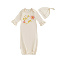 (Newborn, Apricot) Gigoteuse brodée avec lettres, manches longues, ensemble gigoteuse et bonnet pour bébé fille