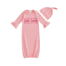 (Newborn, Pink) Gigoteuse brodée avec lettres, manches longues, ensemble gigoteuse et bonnet pour bébé fille
