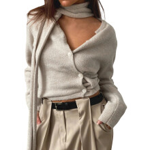 (L, Khaki) Women's Autumn Sweater Cardigan Long Sleeve V Neck Irregular Button Up Knitwear with Scarf