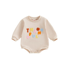 (3-6 Months, Apricot) Combinaison bébé Thanksgiving à bulles, broderie florale et lettres, col rond, manches longues, sweat-shirt