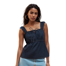 (M, Dark Blue) Débardeur en jean uni d'été pour femme, col carré, à nouer, style streetwear