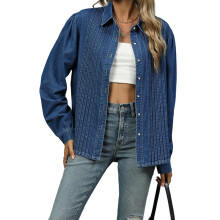 (S, Blue) Dámská džínová bunda, dlouhý rukáv, límec s odkládacím okrajem, jednobarevná podzimní streetwear bunda