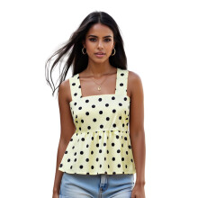 (S, Yellow) Débardeur d'été pour femme, col carré, sans manches, nœud papillon au dos, imprimé à pois