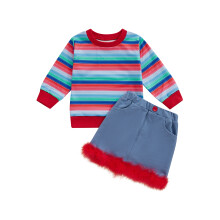 (12-18 Months, Blue) Pikkutytön raidallinen pitkähihainen collegepaita ja joustava vyötäröhame, 2-osainen syysasu