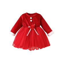 (12-18 Months, Red) Weihnachtskleid aus Samt für Kleinkinder, Samt, 3D-Blumenschleife, Plüschbesatz, lange Ärmel, A-Linie, Tüll