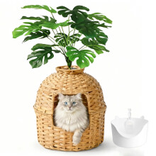 Klippehop Cat Litter Box Hidden Plant Enclosure, Handwoven PE Rattan Cat House, Wicker Cats Toilet Furniture for Indoor Corner Living Room Bedroom