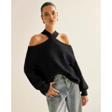 (S, Black) Women Off Shoulder Sweater Loose Solid Color Halter Neck Long Sleeve Pullover Knitted Tops Casual Winter Fall Clothes