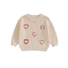 (18-24 Months, Khaki) Baby-Weihnachtspullover, langärmelig, herzförmig, mit Zuckerstangenstickerei, Strickpullover für Kleinkinder