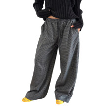 (S, Black) Damesbroek met ruitprint, wijde pijpen, elastische taille, oversized, casual broek