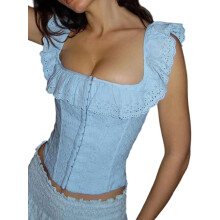 (S, Blue) Corsets pour femmes, blouses à épaules dénudées, chemises tendance à volants, style streetwear.
