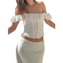 (S, White) Corsets pour femmes, blouses à épaules dénudées, chemises tendance à volants, style streetwear.