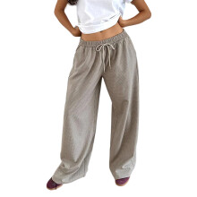 (M, Khaki) Damesbroek met ruitprint, wijde pijpen, elastische taille, oversized, casual broek