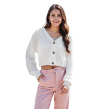 (S, White) Damesvest met V-hals, cropped model, lange mouwen, effen kleur, gebreide trui met knoopsluiting