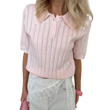 (L, Pink) Női nyári kötött felsőrész rövid ujjú, lehajtott gallérral, egyszínű, kivágott póló