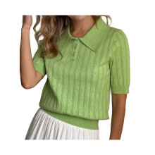 (L, Green) Női nyári kötött felsőrész rövid ujjú, lehajtott gallérral, egyszínű, kivágott póló