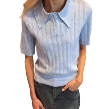 (M, Blue) Women's Summer Knit Tops Short Sleeve Turn Down Collar Solid Color Cutout T-shirt