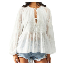 (L, White) Women's Floral Embroidery Blouse Fashionable Casual Tie Front Long Sleeve Loose Tops
