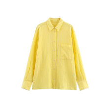 (S, Yellow) Women's Autumn Striped Tops Long Sleeve Turn Down Collar Casual Button Up Shirts