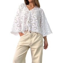 (XL, White) Dámská halenka s očky, módní jednobarevná, s výstřihem do V, 3/4 rukávy, volným zavazováním vpředu
