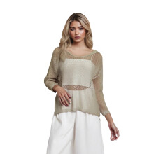 (M, Khaki) Women's Hood Sweater Solid Color Cut Out Long Sleeve Loose Fit Knitwear Pullover for All Seasons
