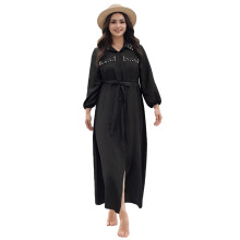 (XL, Black) Dámské šaty Plus Size Casual s dlouhým rukávem, perlové a s páskem, ideální na koktejly a dovolenou.