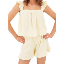 (L, Yellow) Dámský letní outfit, pruhovaný/top s volánovými rukávy, 2dílná sada