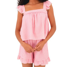 (XL, Pink) Dámský letní outfit, pruhovaný/top s volánovými rukávy, 2dílná sada