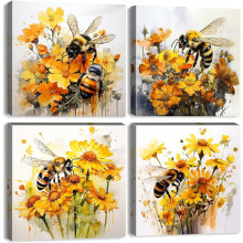 Yellow Bee Wall Art – Abstract Watercolor Flower Canvas Posters (12x12", 4 Pcs), Nature Floral Decor for Bathroom, Kitchen & Living Room
