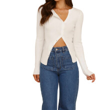 (L, White) Women Knit Tops, Long Sleeve Button Closure Solid Slim Fit Fall Tops Streetwear for Casual Daily